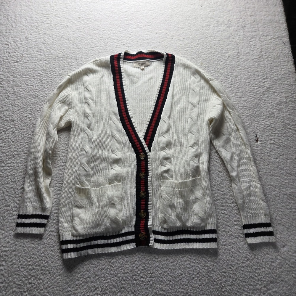 No Comment Cardigan Sweater Womens Medium White V Neck Button Pockets Cable Knit